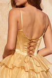 A-Line Gold Corset Tiered Beaded Short Homecoming Dress with Lace Up Back
