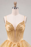 A-Line Gold Corset Tiered Beaded Short Homecoming Dress with Lace Up Back
