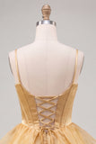 A-Line Gold Corset Tiered Beaded Short Homecoming Dress with Lace Up Back
