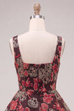 Red Flower Square Neck Tiered A-Line Short Homecoming Dress