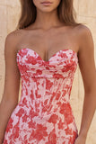Sweetheart Red Corset Bodycon Floral Ruched Short Homecoming Dress