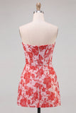 Sweetheart Red Corset Bodycon Floral Ruched Short Homecoming Dress