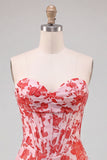 Sweetheart Red Corset Bodycon Floral Ruched Short Homecoming Dress