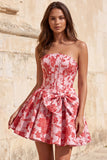 Red A-Line Strapless Corset Jacquard Floral Homecoming Dress with Bow