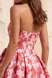 Red A-Line Strapless Corset Jacquard Floral Homecoming Dress with Bow