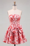 Red A-Line Strapless Corset Jacquard Floral Homecoming Dress with Bow