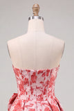 Red A-Line Strapless Corset Jacquard Floral Homecoming Dress with Bow