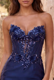 Navy Sweetheart Corset Bodycon Floral Sequins Satin Short Homecoming Dress
