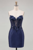 Navy Sweetheart Corset Bodycon Floral Sequins Satin Short Homecoming Dress