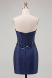 Navy Sweetheart Corset Bodycon Floral Sequins Satin Short Homecoming Dress