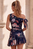 One Shoulder Black Chiffon A-Line Floral Homecoming Dress with Ruffles