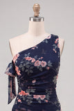 One Shoulder Black Chiffon A-Line Floral Homecoming Dress with Ruffles