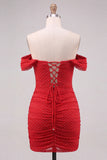 Off the Shoulder Red Ruched Bodycon Lace Up Back Short Homecoming Dress