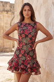 Red Flower Tiered Bateau Neck Tight Short Homecoming Dress with Ruffles