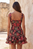 Red Flower Tiered Bateau Neck Tight Short Homecoming Dress with Ruffles