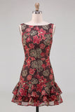 Red Flower Tiered Bateau Neck Tight Short Homecoming Dress with Ruffles