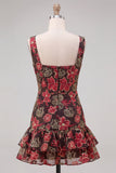 Red Flower Tiered Bateau Neck Tight Short Homecoming Dress with Ruffles