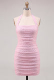 Halter Neck Pink Bodycon Ruched Short Homecoming Dress with Beading