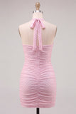 Halter Neck Pink Bodycon Ruched Short Homecoming Dress with Beading