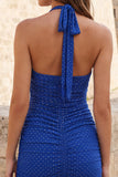 Halter Neck Pink Bodycon Ruched Short Homecoming Dress with Beading