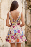 Fuchsia Flower V-Neck Sequins A-Line Short Homecoming Dress