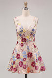 Fuchsia Flower V-Neck Sequins A-Line Short Homecoming Dress