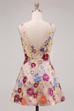 Fuchsia Flower V-Neck Sequins A-Line Short Homecoming Dress