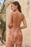 Orange Bodycon Spaghetti Straps Sequins Short Homecoming Dress with Lace Up Back