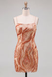 Orange Bodycon Spaghetti Straps Sequins Short Homecoming Dress with Lace Up Back