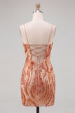 Orange Bodycon Spaghetti Straps Sequins Short Homecoming Dress with Lace Up Back