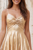 Gold A-Line Metallic Tiered Spaghetti Straps Short Homecoming Dress