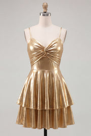 Gold A-Line Metallic Tiered Spaghetti Straps Short Homecoming Dress