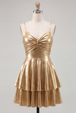 Gold A-Line Metallic Tiered Spaghetti Straps Short Homecoming Dress