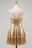 Gold A-Line Metallic Tiered Spaghetti Straps Short Homecoming Dress