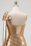 Red One Shoulder Metallic Ruched Asymmetrical Short Homecoming Dress with Bow