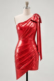 Red One Shoulder Metallic Ruched Asymmetrical Short Homecoming Dress with Bow