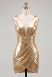Metallic Sky Blue V-Neck Ruched Tight Short Homecoming Dress