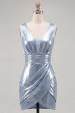 Metallic Sky Blue V-Neck Ruched Tight Short Homecoming Dress