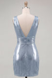 Metallic Sky Blue V-Neck Ruched Tight Short Homecoming Dress
