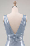 Metallic Sky Blue V-Neck Ruched Tight Short Homecoming Dress