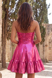 Strapless Metallic Gold Ruched A-Line Short Homecoming Dress with Ruffles