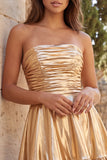 Strapless Metallic Gold Ruched A-Line Short Homecoming Dress with Ruffles