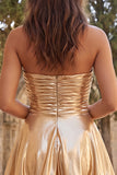 Strapless Metallic Gold Ruched A-Line Short Homecoming Dress with Ruffles