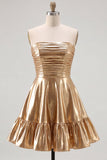 Strapless Metallic Gold Ruched A-Line Short Homecoming Dress with Ruffles