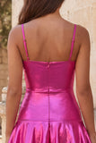 Fuchsia Metallic Ruched A-Line Tiered Spaghetti Straps Short Homecoming Dress