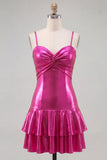 Fuchsia Metallic Ruched A-Line Tiered Spaghetti Straps Short Homecoming Dress