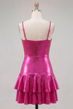 Fuchsia Metallic Ruched A-Line Tiered Spaghetti Straps Short Homecoming Dress