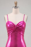 Fuchsia Metallic Ruched A-Line Tiered Spaghetti Straps Short Homecoming Dress