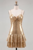 Fuchsia Metallic Ruched A-Line Tiered Spaghetti Straps Short Homecoming Dress