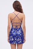 Royal Blue Bodycon Spaghetti Straps Sequins Beaded Short Homecoming Dress with Lace Up Back